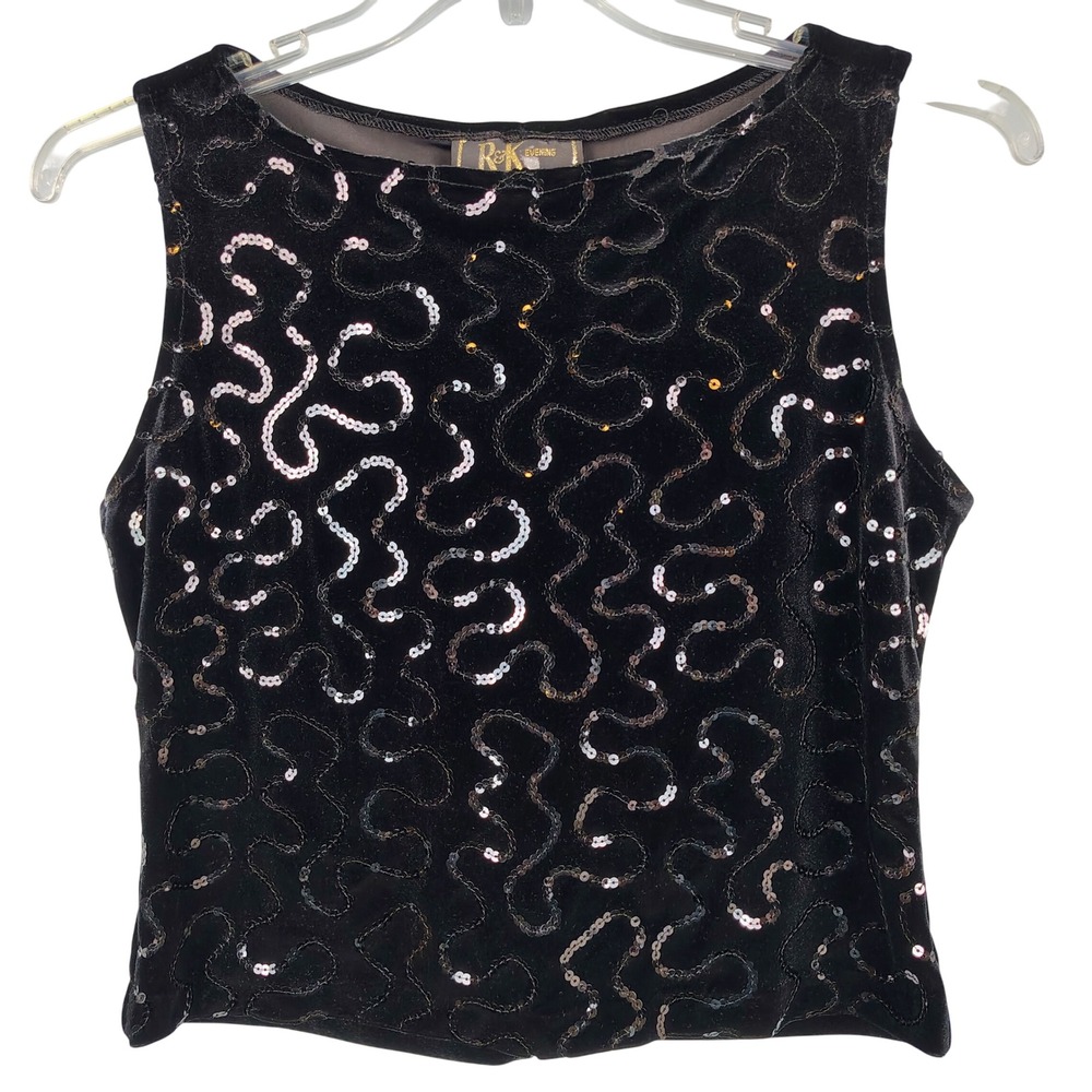 R&K Evening Womens SZ 12 Sequin Velvet Tank Top Black Whimsigoth Y2K Party